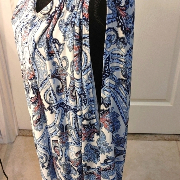 NWOT Boston Proper Paisley Long Sleeve Cold Shoulder Ruched Blouse. LARGE. Blue - Picture 6 of 13